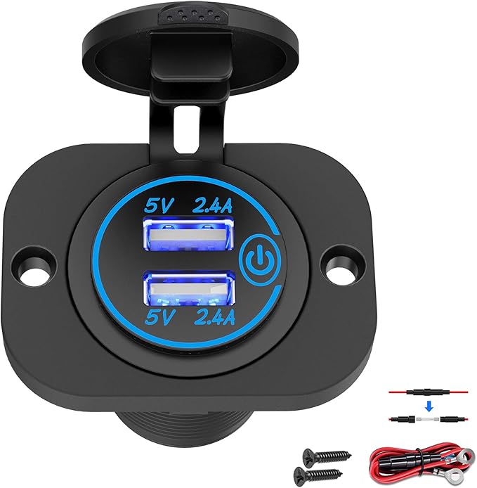 Dual USB Socket 12V Marine Outlet with Switch Golf Cart USB Port 12 Volt DC Car Charger Mount Waterproof Cigarette Lighter Power Adapter DIY Kit Fast Charge with Blue LED for Boat Motorcycle ATV RV