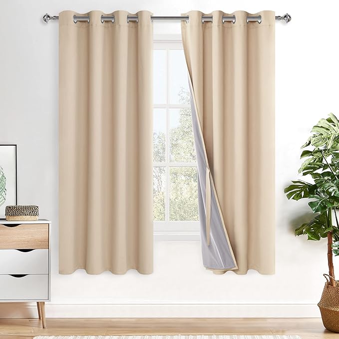 XWZO 100% Blackout Curtain Panels - Thermal Insulated Black Liner Curtains, Noise Reducing and Heat Blocking Drapes for Hall and Studio Windows with Tiebacks, Biscotti Beige, W52 x L63, Set of 2