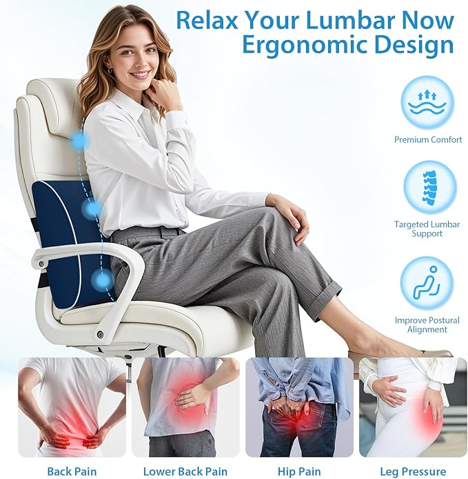 Large Lumbar Support Pillow for Office Chair, Car Seats and Home Desks, Ergonomic Back Support with Double Adjustable Straps, Machine Washable Cover, Gray