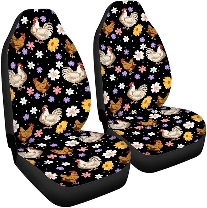 BIGCARJOB Boho Chicken Car Seat Protector - Full Set of 2 Pieces Hippie Daisy Chicken Vehicle Bucket Seat Pad for Women's Auto Interior