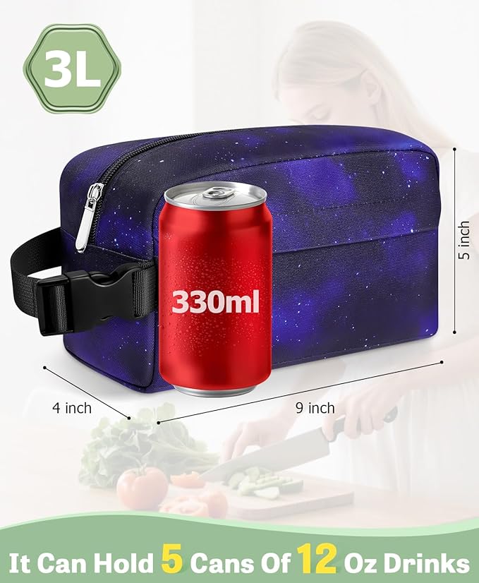 Small Insulated Snack Bag Lunch Bag for Kids Lunch Box for Women/Men, Collapsible [3L/5-Can] Reusable Lunch Bag Cooler Bag for Bottle with Handle Buckle for Work School Travel (Starry Sky)