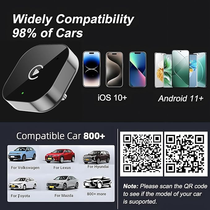 USB C Wireless CarPlay & Android Auto Adapter, Wired to Wireless Dongle | Plug & Play Compatible with iPhone & Android Smartphones.