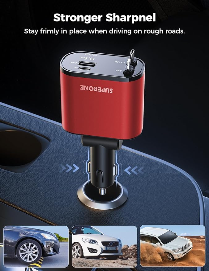 SUPERONE 【Upgraded】 Retractable Car Charger 4 in 1, Fast Car Phone Charger with Cord 2.6ft, USB C and Apple Car Charger Adapter, Compatible with iPhone 17/16/15/15 Pro Max/14/13/12/11, Galaxy, Pixel