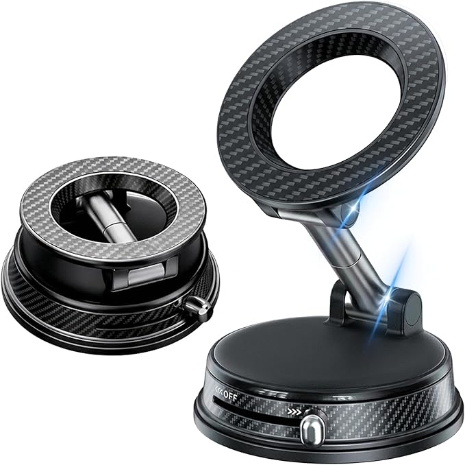 Magnetic Car Phone Holder, 360° Adjustable Vacuum Dashboard and Windshield Mount Cell Phone Holders for Your Car, Carbon Fiber 108+LBS Nano Gel Suction Cup, iPhone, Samsung (Black)