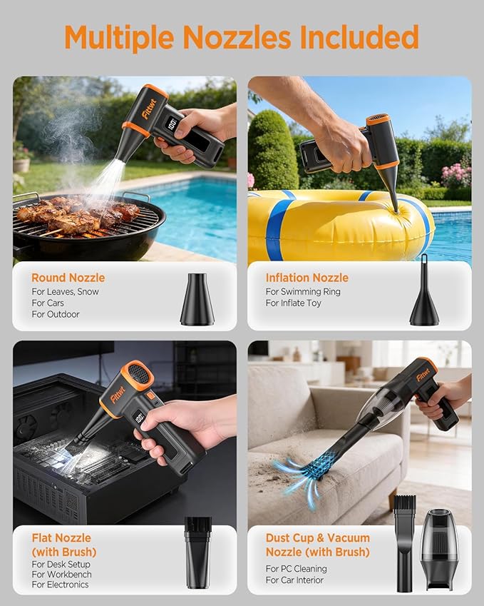 Electric Air Duster 2-in-1 with Vacuum, 130000RPM Cordless Air Blower, 4-Speed Adjustable Compressed Air Duster for PC Cleaning, Keyboard, Car, Home