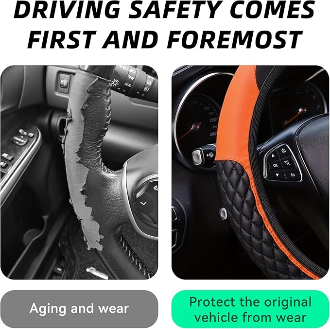 Bling Car Steering Wheel Cover, Diamond Leather Crystal Rhinestones Vehicles Steering Wheel Protector, Sparkling Anti-Slip Automotive Interior Decoration Accessories, Universal Fit (Orange)