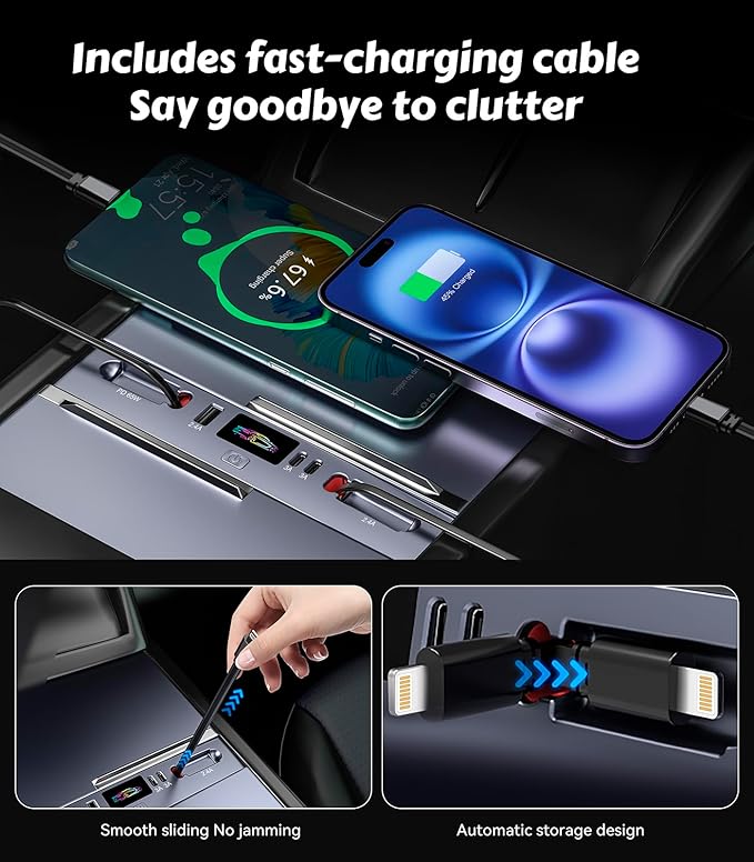 65W Fast Charging Docking Station for Tesla Model 3/Y, 5-in-1 Hub with Retractable USB-C & Lightning Cables, Center Console Organizer with 2 USB-C & 1 USB-A Ports, Fits 2023-2025 Highland