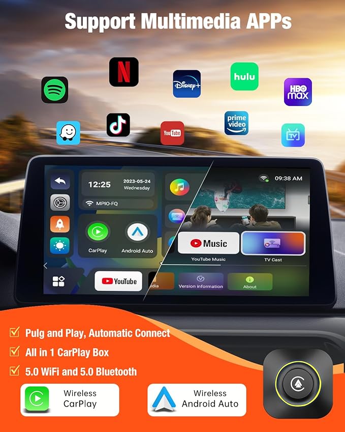 KAMING Wireless CarPlay Adapter for Apple CarPlay and Android Auto, CarPlay Streaming Supports NetfIix, YouTube, IPTV, Wired CarPlay Cars from 2015 Purple