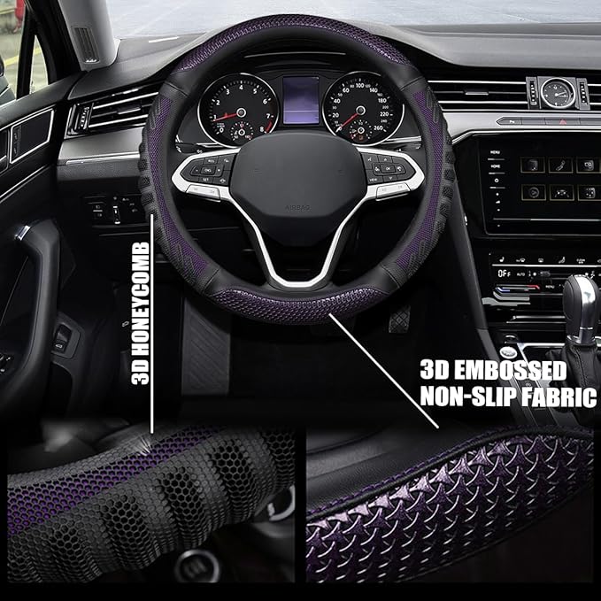 Car Steering Wheel Cover, Anti-Slip Leather Breathable Comfortable Automotive Steering Wheel Cover Protector Decoration for Men and Women, 15 Inch Universal for SUV, Truck, RV（Purple）