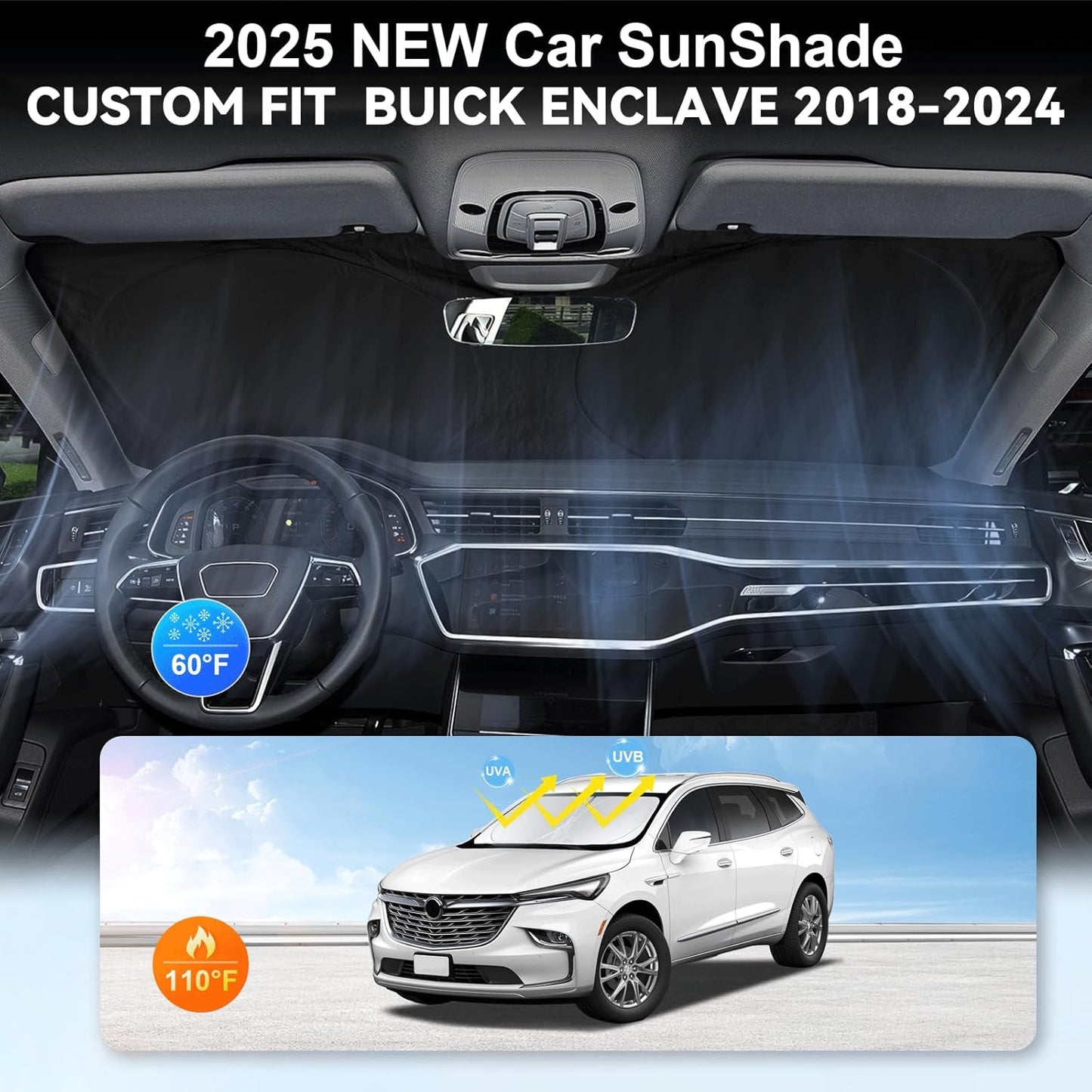 Custom fit Enclave Windshield Sunshade for 2018-2024 2025 Buick Enclave Accessories 2-Layer Front Window Shades Cover for Windshield Sun Visor Screen Protector 210T Reflective Blocks UV Rays