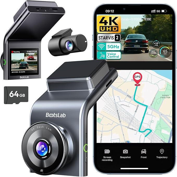 BOTSLAB 4K Dual Dash Cam Front and Rear [2026 Upgraded], STARVIS 2 Sensor, 64GB Card Included, Voice Control, 5GHz WiFi Dashcam Front and Rear Camera, Built in GPS, WDR Night Vision, 24H Parking Mode