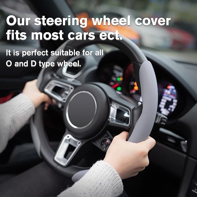 Amiss Nappa Leather Steering Wheel Cover - Universal 99% Segmented Steering Wheel Protector (Grey), 2PCs