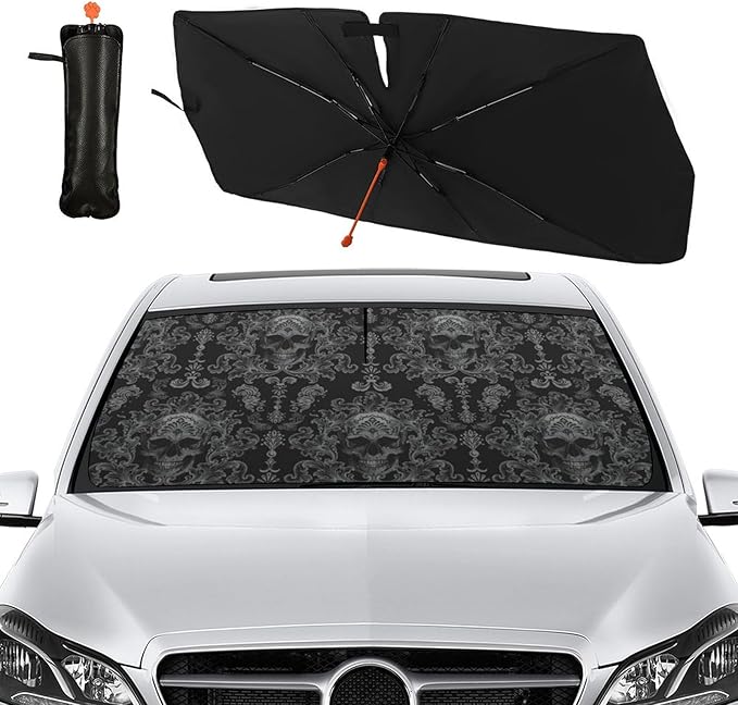 Socira Gothic Skull Car Windshield Sunshade Umbrella Foldable Umbrella Sun Shade Windshield Cover Sunshade Skull Accessories Blocks Uv Rays Keeps Cool (57" X 30")