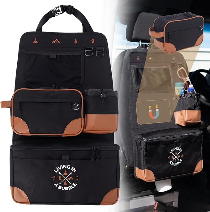 Living in a Bubble Seat back Organizer – Magnetic Toiletry and Cooler Pouch, Cordura Car Backseat Storage with Device Holder & Hooks, Multi-Compartment Utility Bag for Campervans & Family Travel