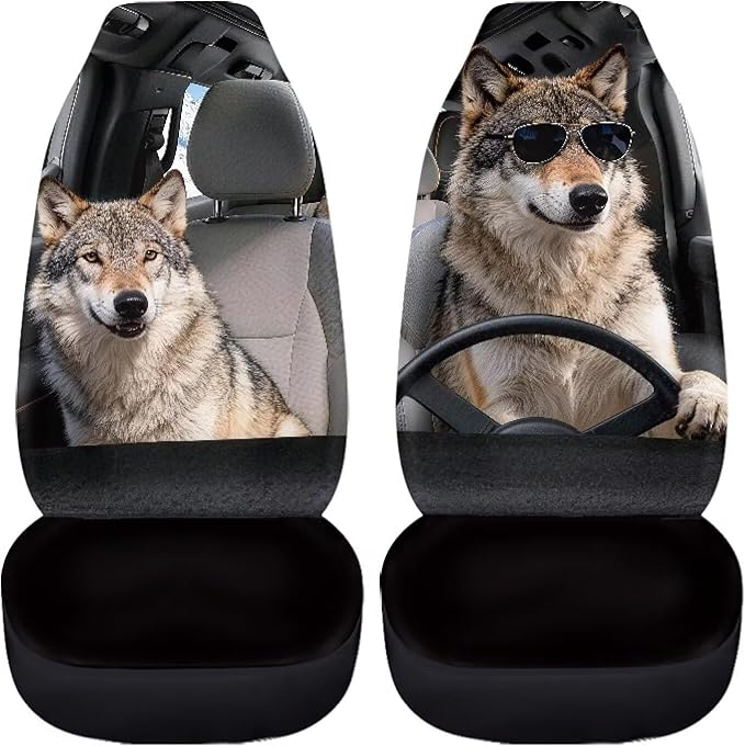 Wolf Car Front Seat Covers Anti-Slip Car Seat Covers for Front Seats Elastic Polyester Cool Auto Interior Accessories 2 Pcs Set Universal Fit for Most Cars,Sedans & SUVs
