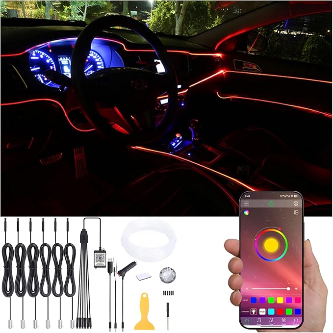 Car Ambient Lighting Kit 64 Colors Multicoloured Music Optic Fiber APP Control Car DIY Decorative Atmosphere Lighting DC 12V 1W 8m
