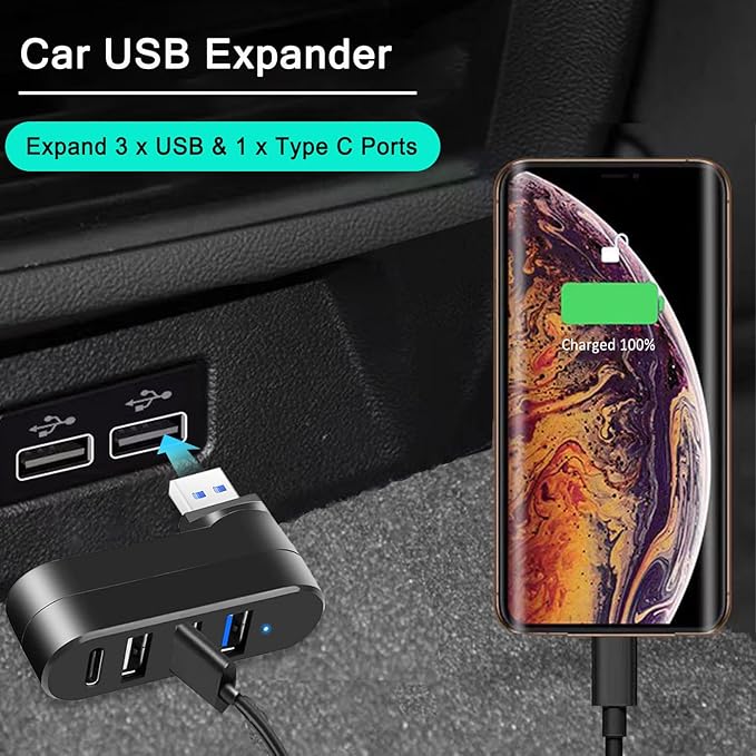 4-Port USB 3.0 Hub [90°/180° Degree Rotatable], Powered USB Hub with 1 x USB C Power/Data Port, USB Expander USB Splitter for Laptop, PC, Car, iMac, MacBook Air/Pro, Tesla-2 Pack