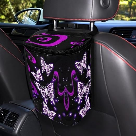 BIGCARJOB Purple Butterfly Car Trash Bin Bags Hanging Accessories Storage Bag for Women Girly Cute Butterfly Car Trash Can with Lid Collapsible Reusable Bin