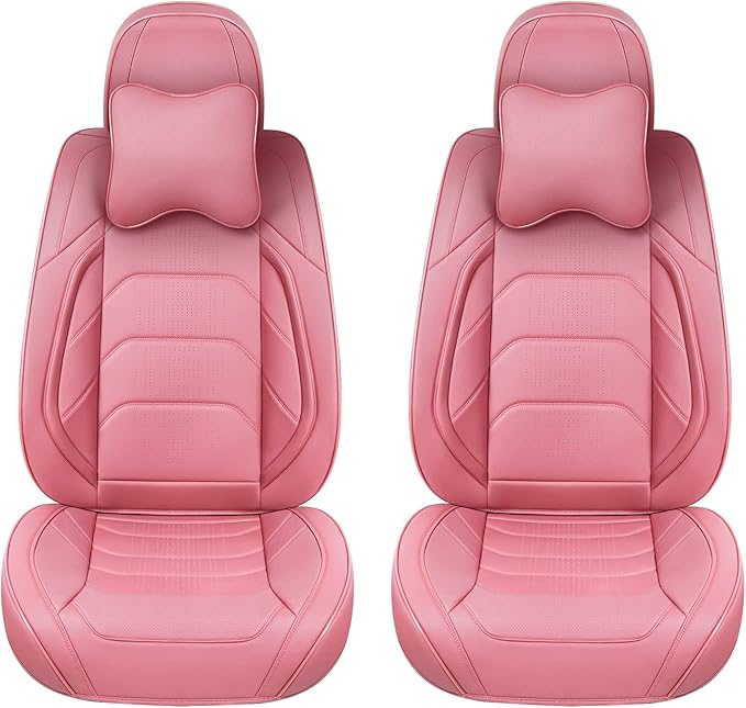 Pink Car Seat Covers Front Pair, Breathable Leather Automotive Front Seat Covers & Headrest for Comfortable Driving, Universal Auto Interior Fit for Most Kinds of Vehicles