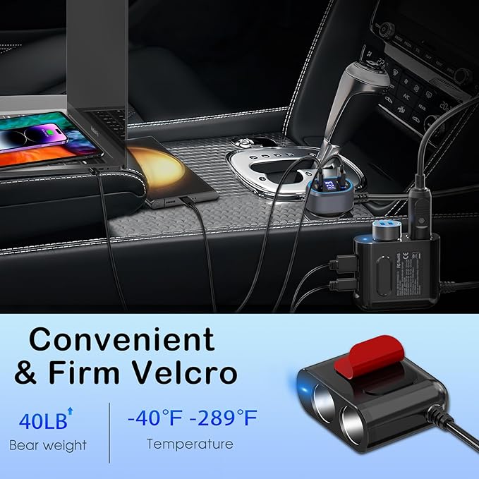 Cigarette Lighter Splitter 12V Plug 2-Socket with PD 65W Port, Car USB Charger Multi Port 300W 12V/24V Adapter with Voltage Display and 15A Fuse for All Car Devices, DC Outlet Car Accessories