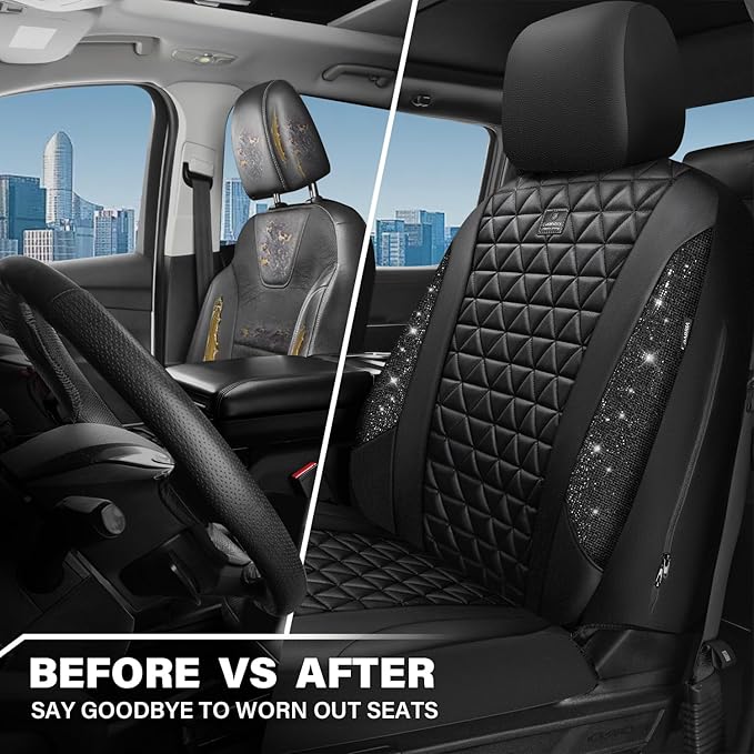 CAR PASS Bling Diamond Leather Car Seat Covers 2 Front Seats Interior Sets, Waterproof Shining Glitter Sparkly Crystal Universal Armrest Fit Automotive Truck SUV Cute Women Girl, Black PU Rhinestone