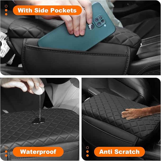 Center Console Armrest Cover for 2026 2025 2024-2021 Jeep Grand Cherokee L Accessories Arm Rest Pad Console Lid Protector Cushion Black with Pockets