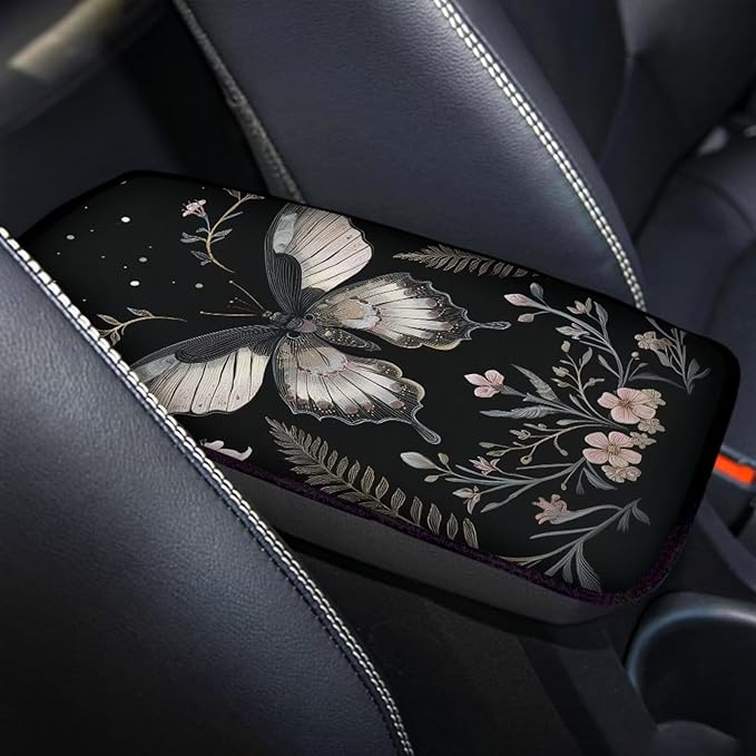 Flower Moth Automotive Center Console Cover Universal Car Armrest Cover Auto Center Console Cushion Protector Floral Moth Car Interior Accessories Decor, Black