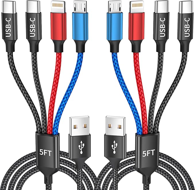 Dual Type-C 4 in 1 Multi Charging Cable for iPhone 17/ Galxy S26, Travel Cruise Essentials, USB Cable iPhone Charger Cord, Charging Cords for iPhone17-8/Androids/iPad and More, Car Charger (2Pack 5FT)