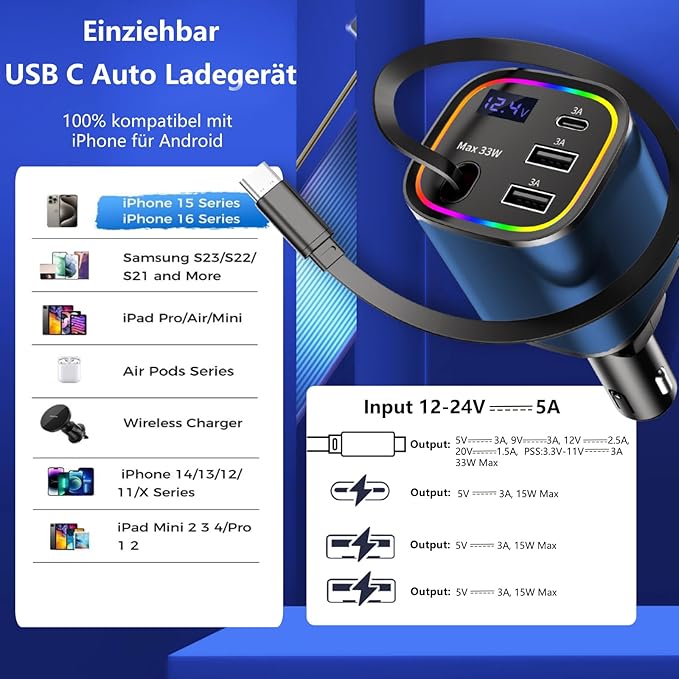 Car Charger USB C Fast Charge, AGEMANY 78W Cigarette Lighter Adapter with C Cable RGB Light & Voltage Display, 4in1 Retractable Car Phone Charger for iPhone 16 15 Android, Car Accessories Gift (Blue)