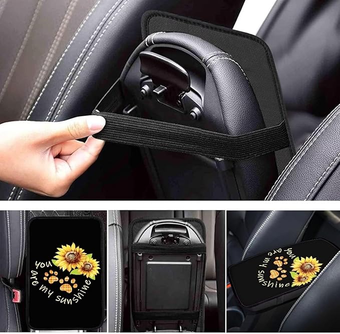 UNICEU Sunflower Dog Paw Car Center Console Cover for Most Vehicle SUV Truck Easy to Install Auto Armrest Seat Storage Box Mat Dust Proof Scratch Proof Auto Interior Set