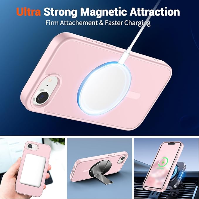 SUPFINE Magnetic for iPhone 17e Case/iPhone 16e Case with Screen Protector (Compatible with MagSafe) (Military Grade Drop Protection) Translucent Matte Shockproof Phone Cover,Light Pink