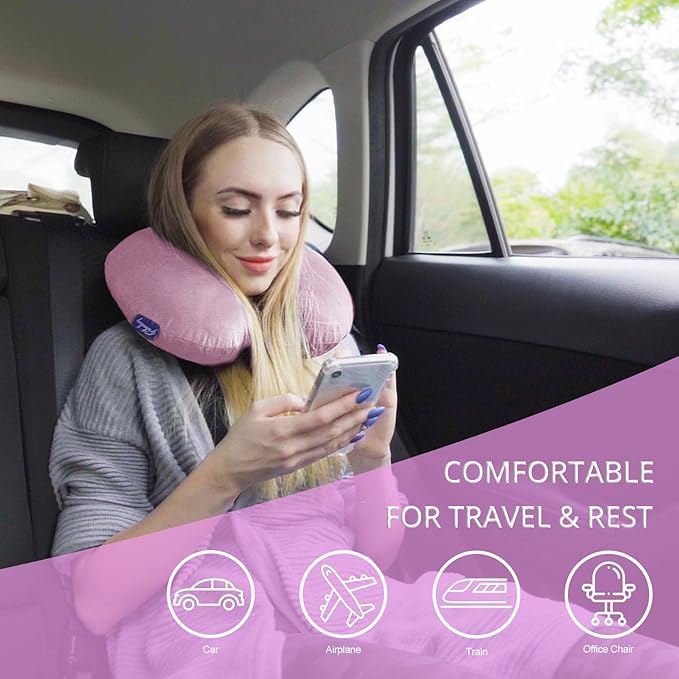 Travel Pillow Memory Foam for Airplanes - Neck Pillow for Traveling, Car, Home, Flight Pillow for Sleeping with Attachable Snap Strap Soft Washable Cover, Provide Head Neck Support Rest, Light Purple