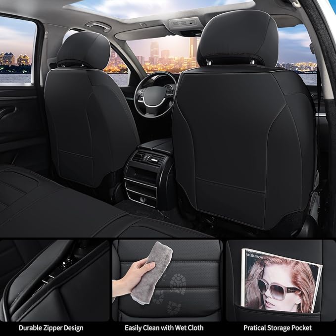 Front Car Seat Covers, 2Pcs Universal Leather Seat Covers for Cars, Full Coverage Waterproof Automotive Seat Covers, Breathable Front Seat Covers for Most Trucks, SUVs, Sedans, Black
