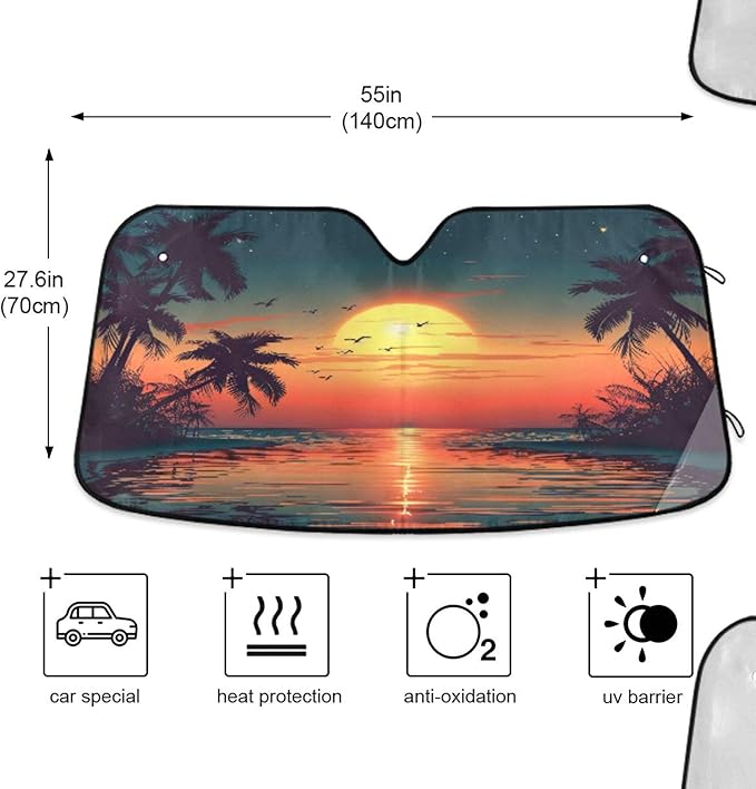 xigua Sunset with Palm Trees Car Windshield Sunshade Foldable Front Window Sun Visor Protector for Car,SUV,Truck - Keep Vehicle Cool,55 x 27.6 Inch