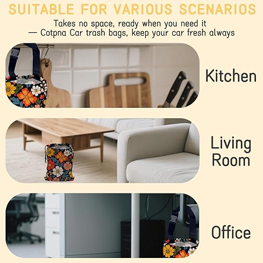 Colorful Flowers Car Trash Bag, Hanging Drawstring Car Garbage Bag,Canvas Car Back Seat Organizer with Adjustable Buckle for Men and Women