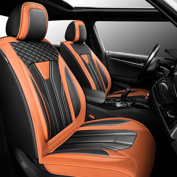 Fit Tucson Car Seat Covers Premium Leather for Hyundai Tucson 2010-2025 2026. Waterproof， Breathable, Scratch-Resistant & All-Weather Seat Cushion Protector (Front Seat, Orange&Black)