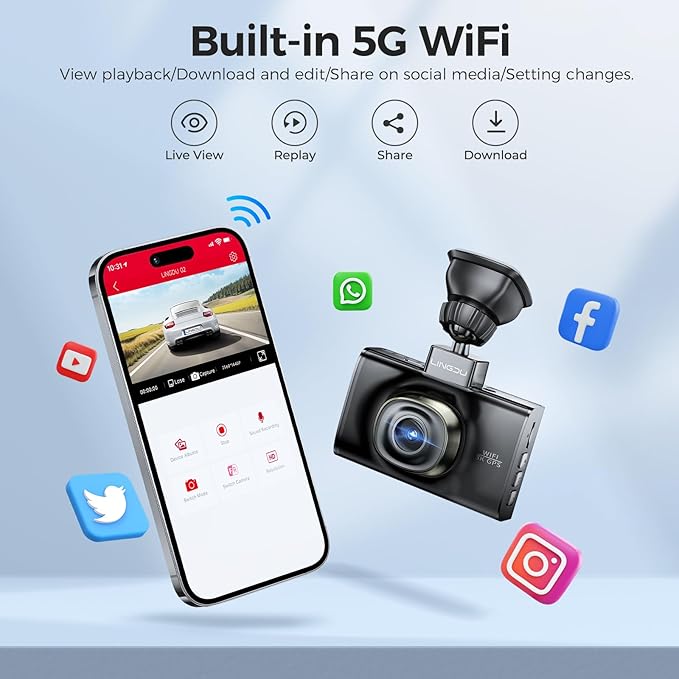 LD02 5K 5G WiFi Dash Cam with Free 64GB SD Card, 3" IPS Screen 150° WDR IR Night Vision 24H Parking Mode Dashcam for Car, Build-in GPS G-Sensor