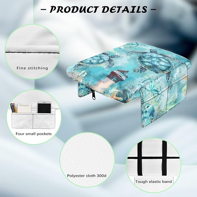 Dreaweet Vintage Sea Turtle Arm Rest Cover for Car Thick Center Console Cover Pad with Pockets Anti-Scratch Car Armrest Cover Cushion Center Console Armrest Replacement