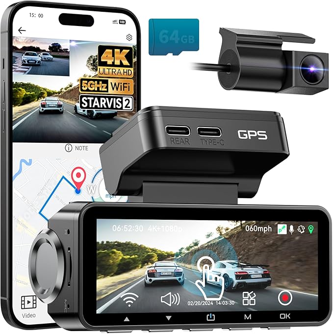FOCUWAY Dash Cam Front and Rear, Real 4K@30fps/2K@60fps+1080P@30fps Dash Camera for Car, Touchscreen, Voice Control, with GPS WiFi, HDR Night Vision, 64GB Card, 160 Wide Angle, 24H Parking Mode