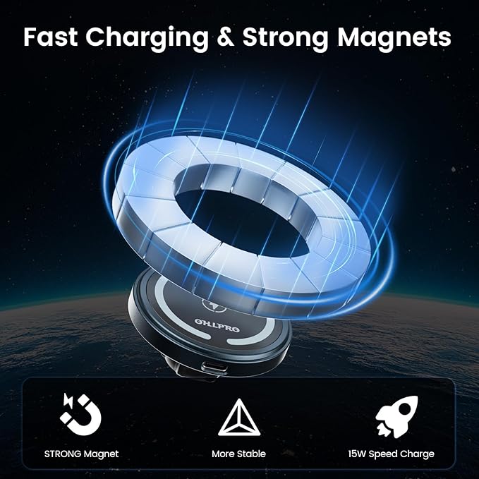 OHLPRO 15W Magsafe Car Mount Charger for iPhone 17, Fast Wireless Charging Magnetic CD Slot Holder with 3M Adhesive Base for Dashboard, Aluminum Shell, Compatible with iPhone 16 15 14 Series, Gray