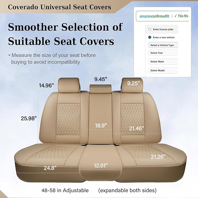 Coverado Leather Rear Seat Covers for Cars, Waterproof Back Seat Cover, Universal Automotive Seat Cushion Protector for Most Cars Trucks SUV (Beige)