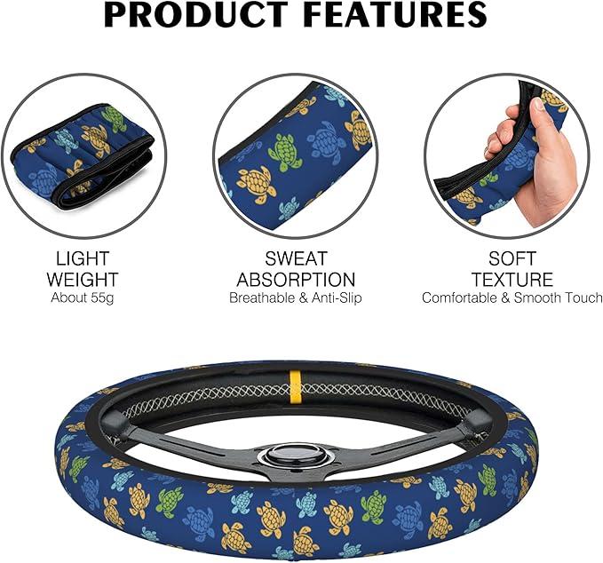 Colorful Turtles Steering Wheel Cover, Elastic Non-Slip Steering Wheel Protector,Auto Interior Decor for Women Girls,Universal 15" Fit for Sedans,Trucks