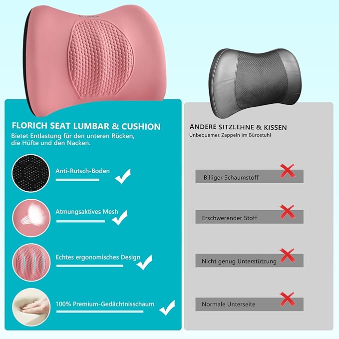 FLORICH 3 PCS Seat Cushion for Carseat Lumbar Support Pillow Car Neck Headrest Pillows Memory Foam Gel Memory Foam Massage Point Seat Pads Pressure Relief Back Cushion for Office Chair(Light Pink)