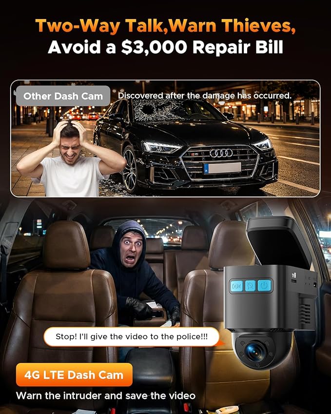 Volam 4G LTE Cellular Dash Cam with Live Streaming & GPS Tracking - Dual Car Security Camera with Remote Live View,Cloud Storage,AI Motion Detection,Sentry Mode, Anti-Theft Protection for Vandalism