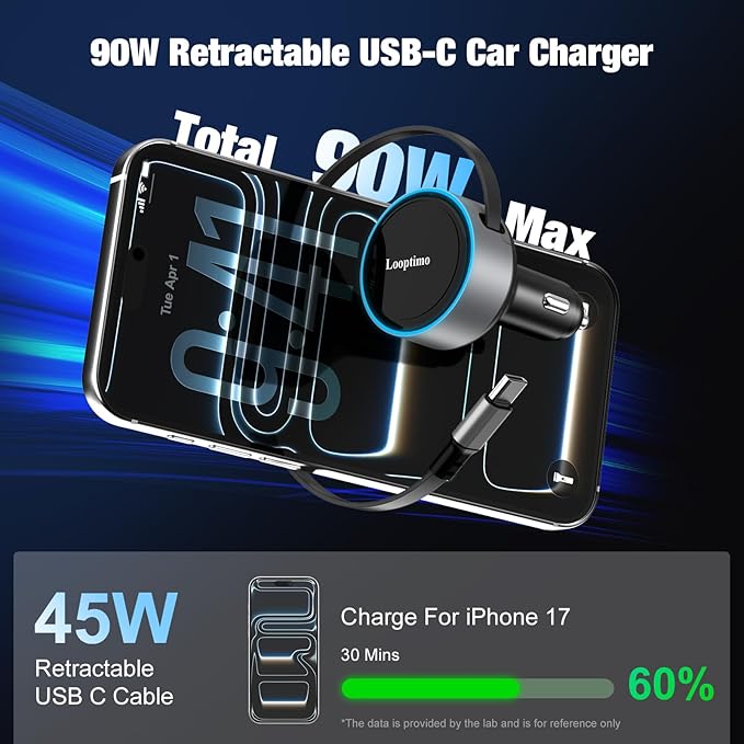 Retractable Car Charger USB C, 90W Phone Cigarette Lighter Adapter USB-C Fast Charging Plug Car Accessories for iPhone 17 16 15 Pro Max, iPad, Android, Built-in Type-C Cable, Gifts for Women Men