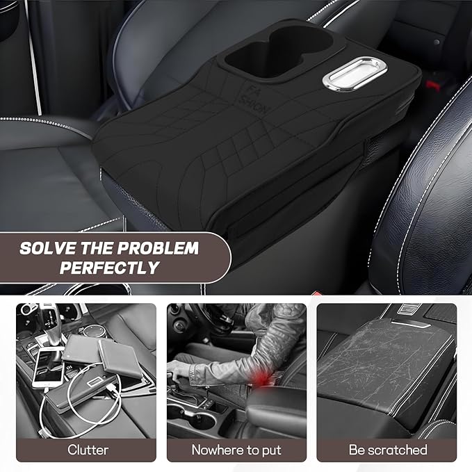Car Center Console Armrest Pillow, 13.4"×7.5"×2" Leather Auto Arm Rest Cover with Pocket & Tissue Box & Cup Holder, Multifunctional Vehicle Armrest Cushion Pad, Car Accessories (Black)