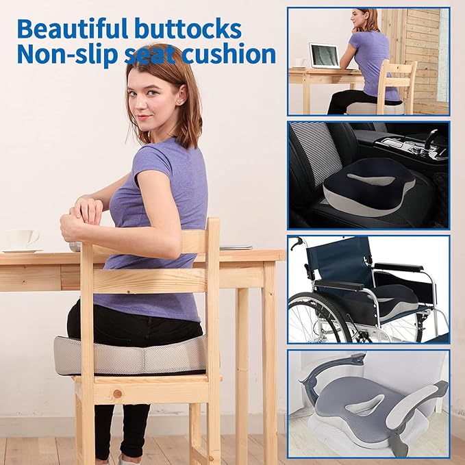 Memory Foam Seat Cushion, Pressure Relief Seat Cushion for Tailbone Pain, Anti-Skid Comfortable Hip Pillow, Support Cushion for Office Chair, Car, Wheelchair, Sciatica and Backache (Black)