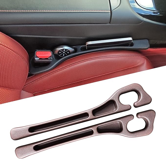 Elastic Car Seat Gap Filler Organizer (2-Pack) - Universal Fit for Car SUV Truck, Black Leather Texture, Prevents Items from Falling Between Seats, Easy Installation Tool-Free (Brown)