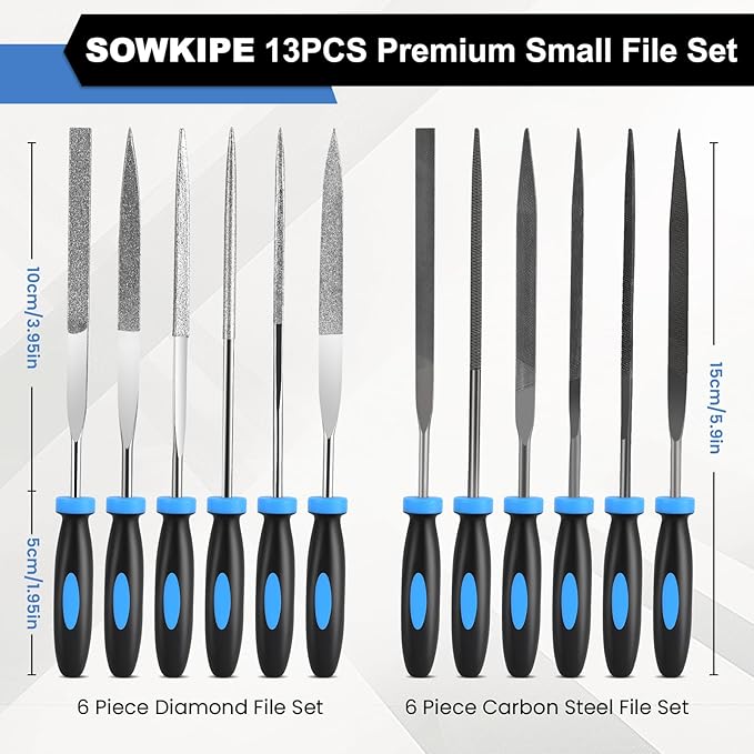 SOWKIPE 13Pcs Premium Small File Set, 6 Diamond Files, 6 Steel Files, Cleaning Brush & Carrying Case for Wood, Plastic, Jewelry, Leather, DIY