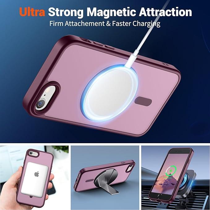 SUPFINE Magnetic for iPhone SE Case 2022 (3rd)/2020 (2nd), iPhone 8 Case with Screen Protector (Compatible with MagSafe) (Military Grade Drop Protection) Translucent Matte Phone Case, Wine Red